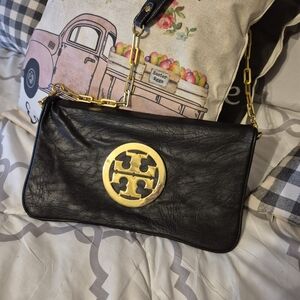 Black Leather Shoulder Bag with Gold Accents